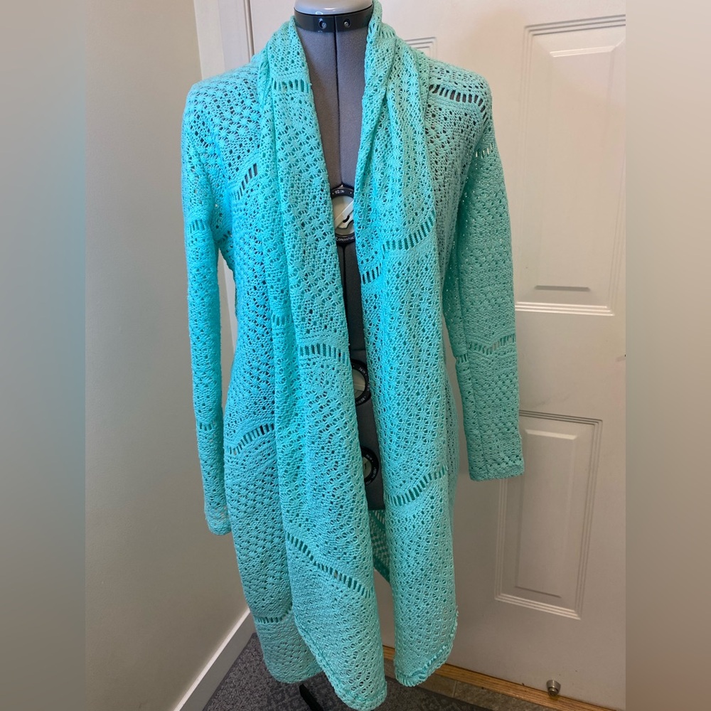 New Pretty Young Thing Light teal crochet style Open Front knit women’s cardigan